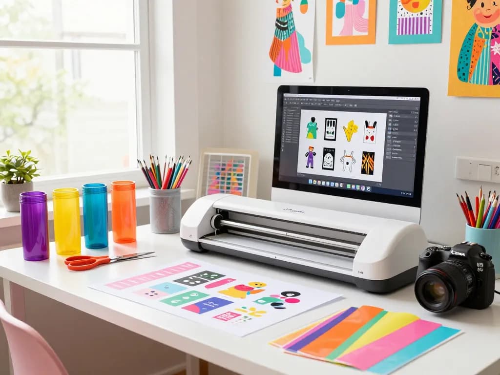 Creative crafter using cricut svg bundle files in a vibrant workshop, surrounded by colorful designs and crafting tools.