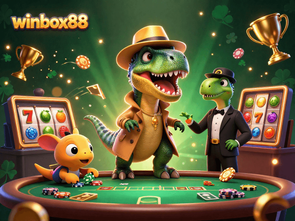 Experience thrilling gameplay at winbox88 with a cartoon velociraptor card counter in action at the blackjack table.