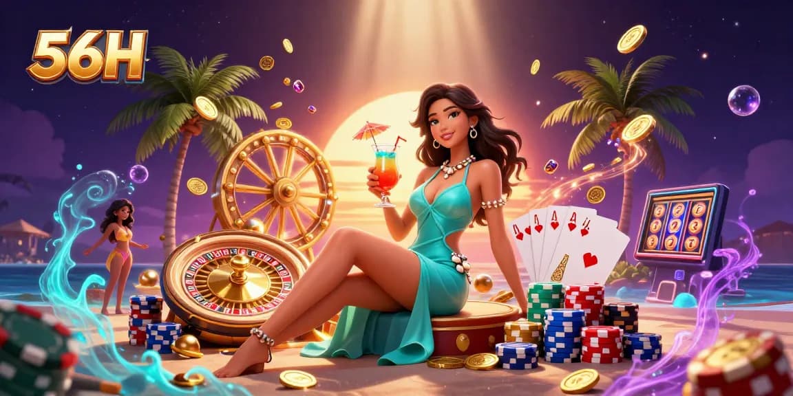 Engage with 56H's glamorous beach casino experience, filled with golden coins and a vibrant prize wheel.