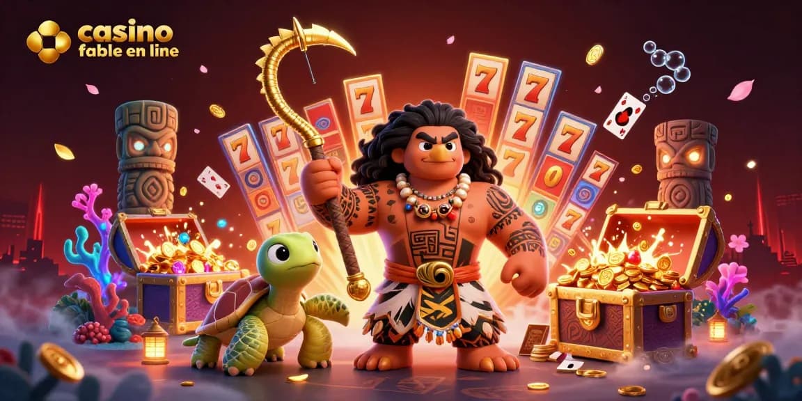 Plongez dans un univers captivant de casino fiable en ligne avec un démigod hawk détenant un hameçon doré et des éléments ludiques.