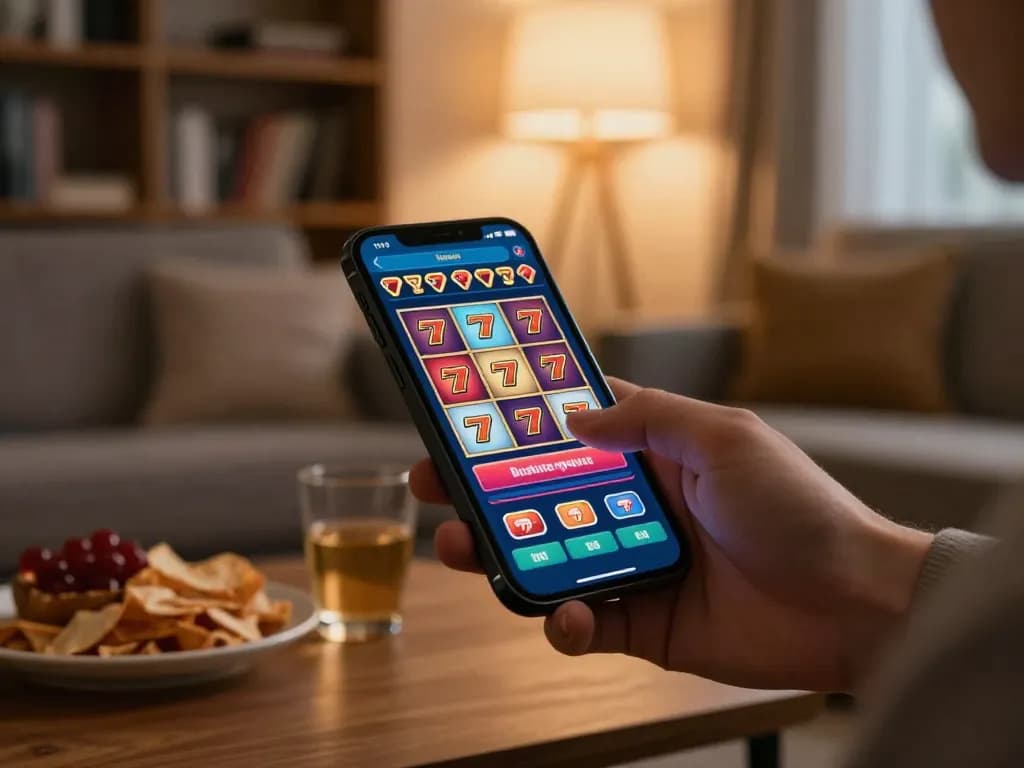 Engaging gameplay on slot77 app with cozy setting in modern living room.