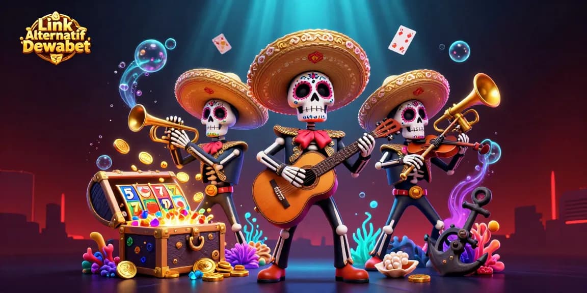 Engage in thrilling gameplay with Link Alternatif Dewabet's vibrant slot reels and lively mariachi band.
