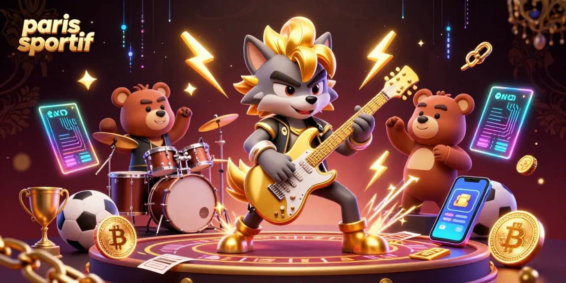 Pari sportif avec un loup rock star et un ours batteur sur scène, entourés d'éléments de jeu.