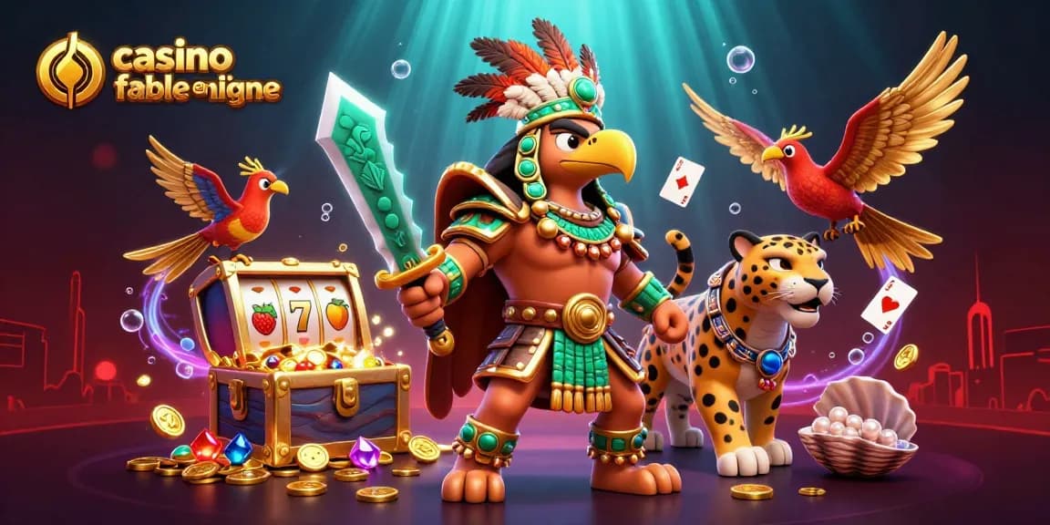 Une illustration 3D d'un guerrier aigle dans un casino fiable en ligne entouré de joyaux et de rouleaux de machines à sous.
