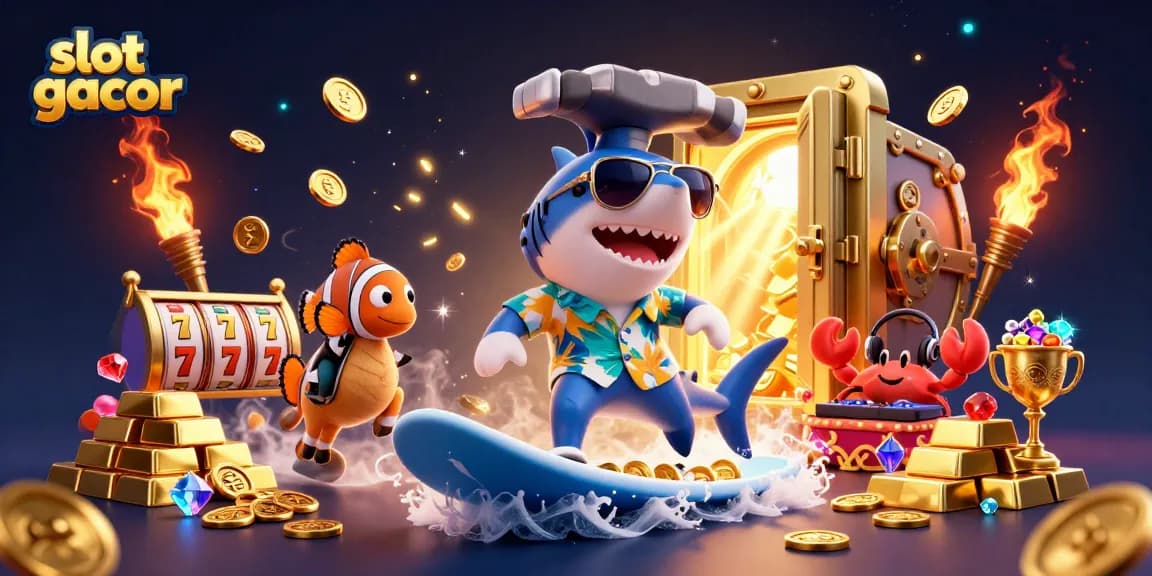 Experience the thrill of slot gacor with vibrant characters amidst stunning casino visuals.