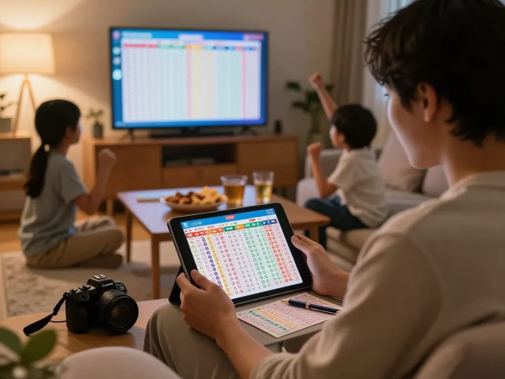 Engaged player checking HK Lotto results on a tablet in cozy living room.