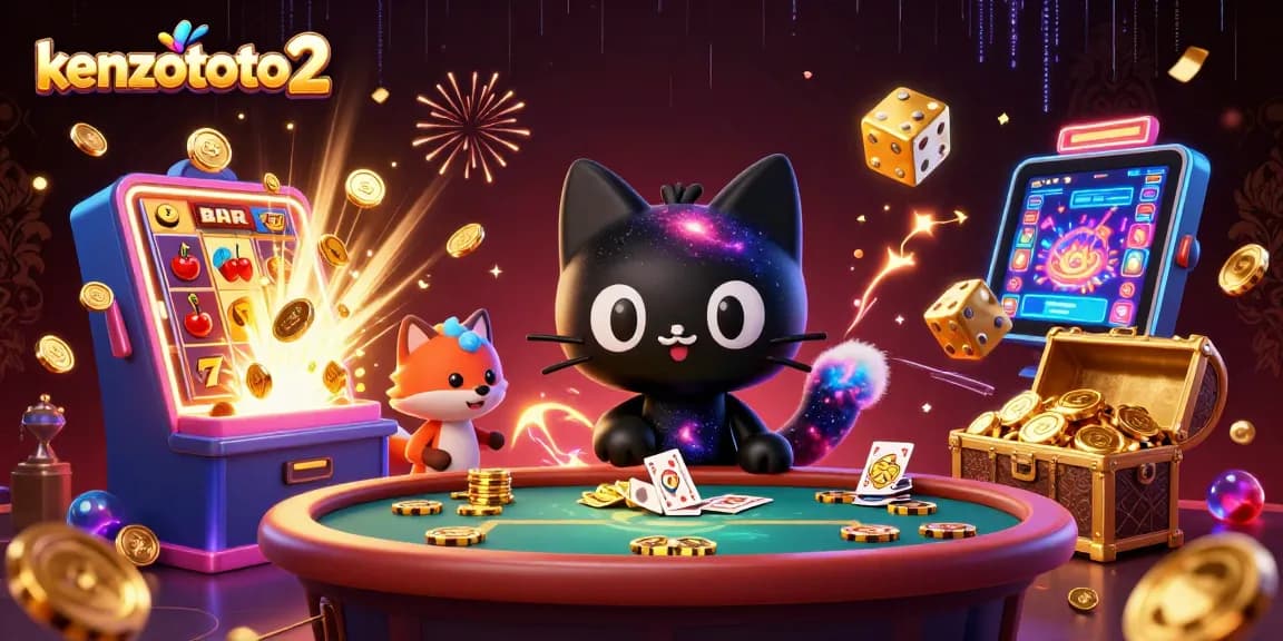 Kenzototo2 menghadirkan suasana kasino yang meriah dengan kucing lubang hitam dan rubah nebula, mengumpulkan chip emas.
