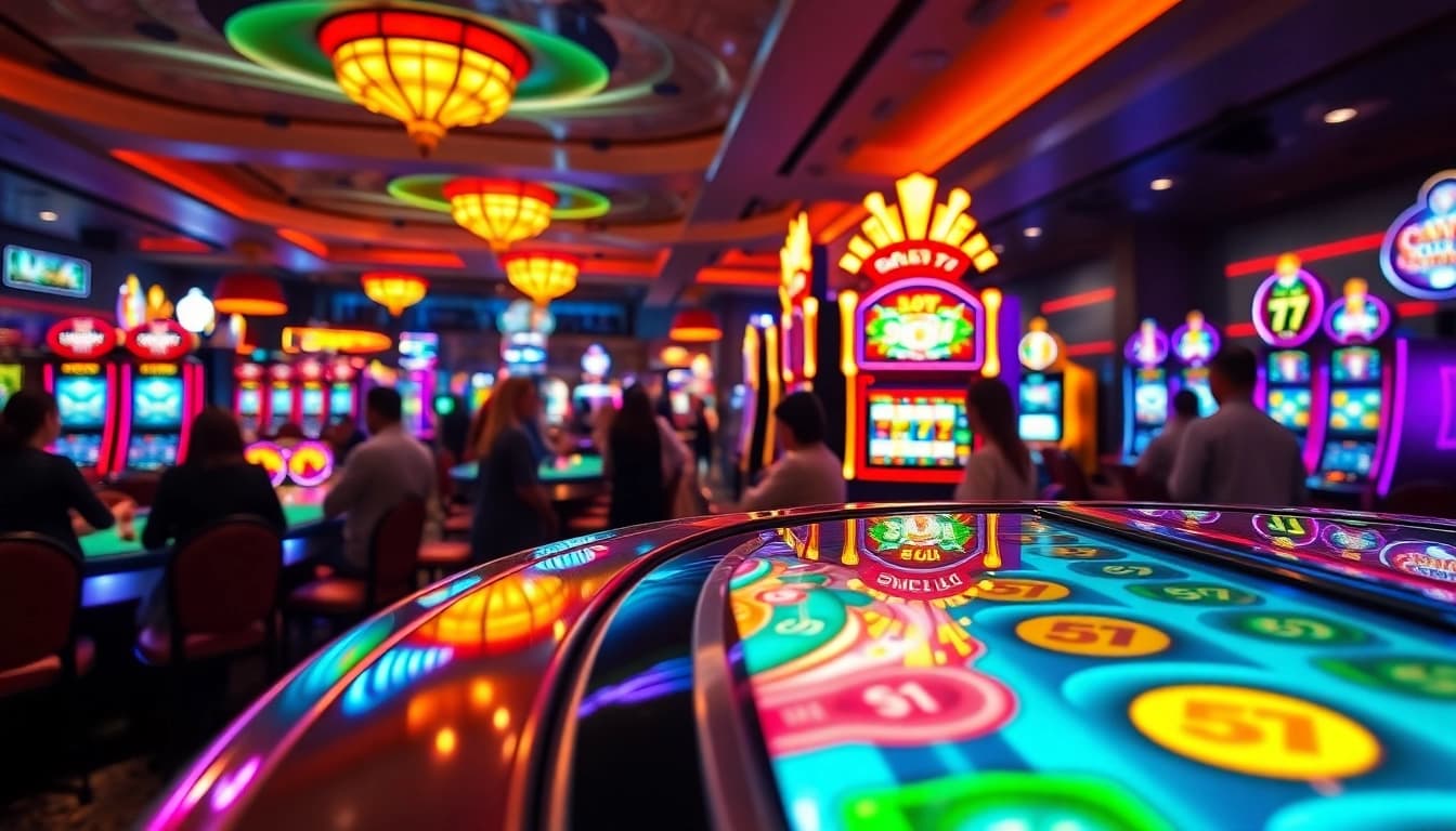 Menampilkan Slot77 dalam suasana kasino yang ramai dan penuh energi.