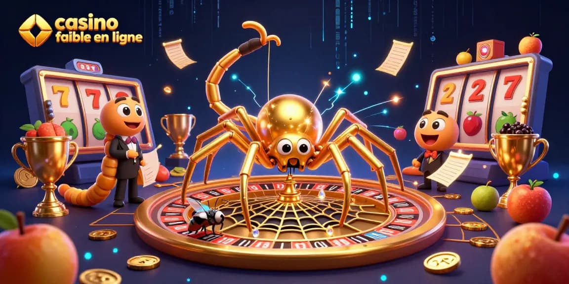 Image d'une araignée dorée sur une toile de roulette représentant un casino fiable en ligne avec des éléments de jeu.