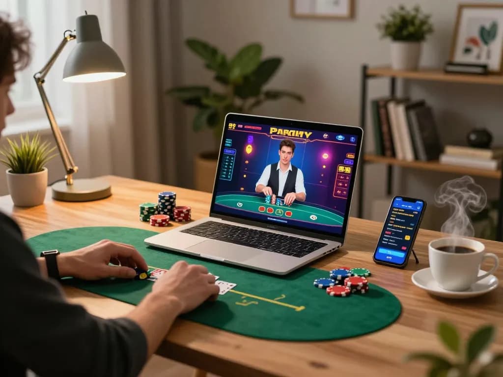 Engaging in poker gameplay on Onbet's online platform from a cozy home desk.