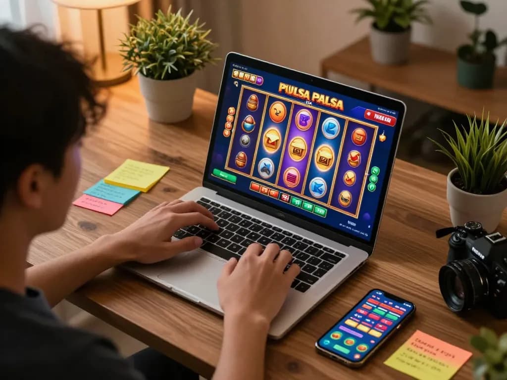 Engaging in slot pulsa games online at home, showcasing vibrant slot graphics and strategic tools.
