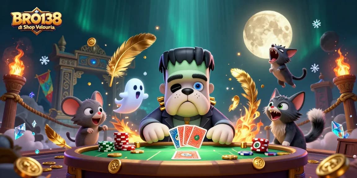 Experience vibrant gaming with BRO138 di Shop Velouria, featuring immersive 3D characters and casino elements.