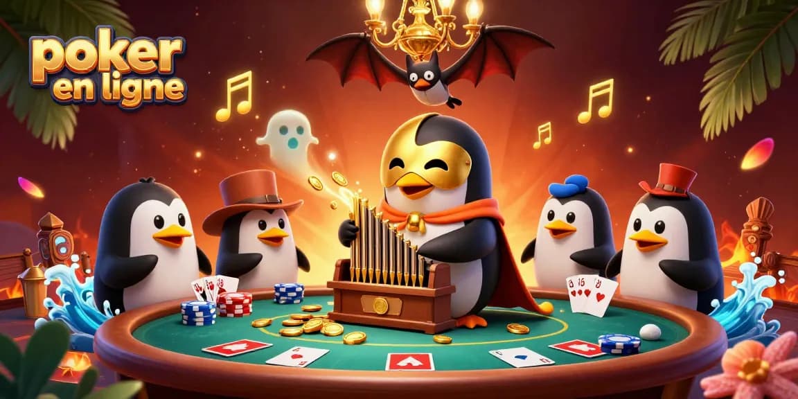 Jouez au poker en ligne avec une ambiance festive et des gains de pièces dorées.