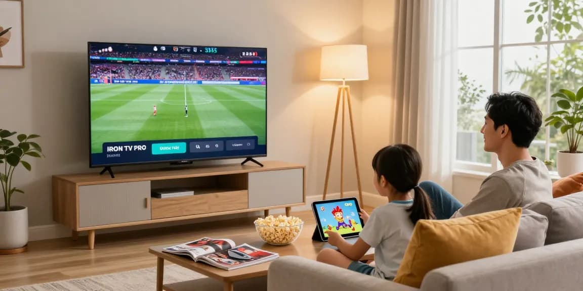 Family enjoying IRON TV streaming entertainment in a cozy living room.