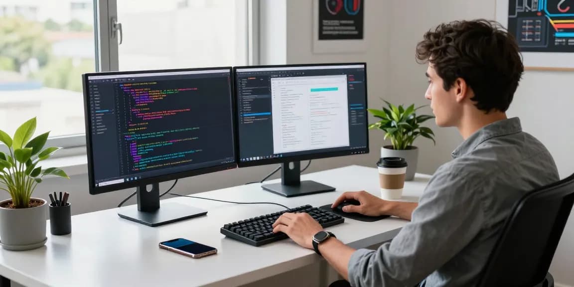 Depici Media tech workspace showcasing a developer coding with dual monitors in a modern office environment.