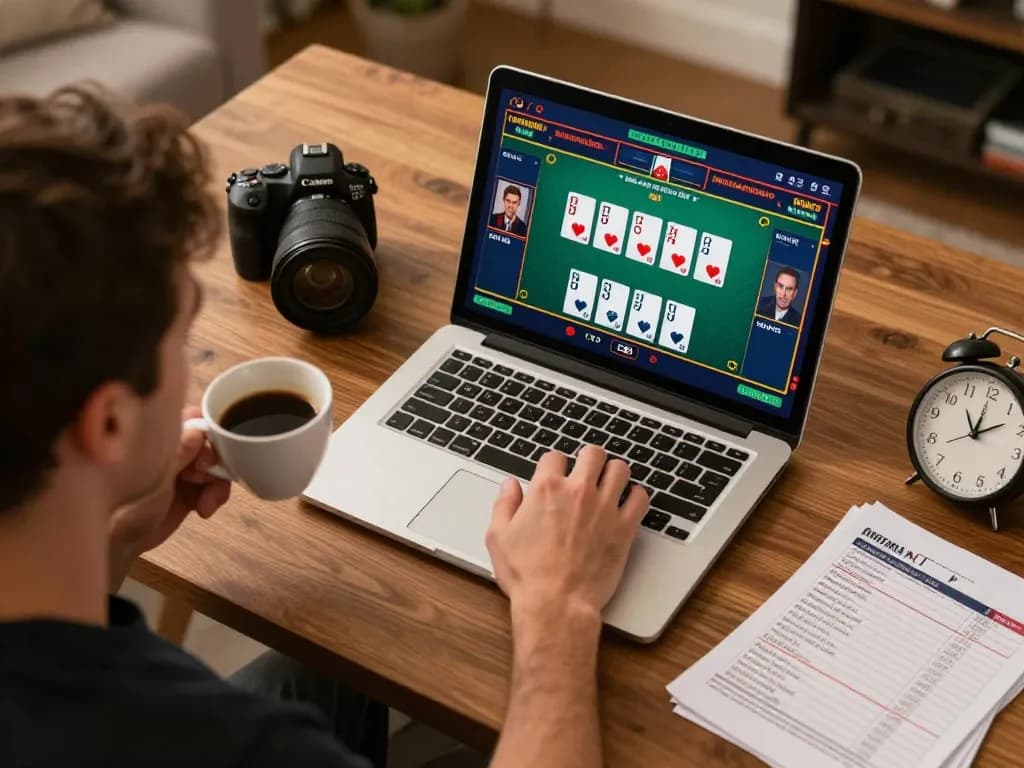 Engaging in strategic online blackjack gameplay at GOOD88 with warm home atmosphere and gaming notes.