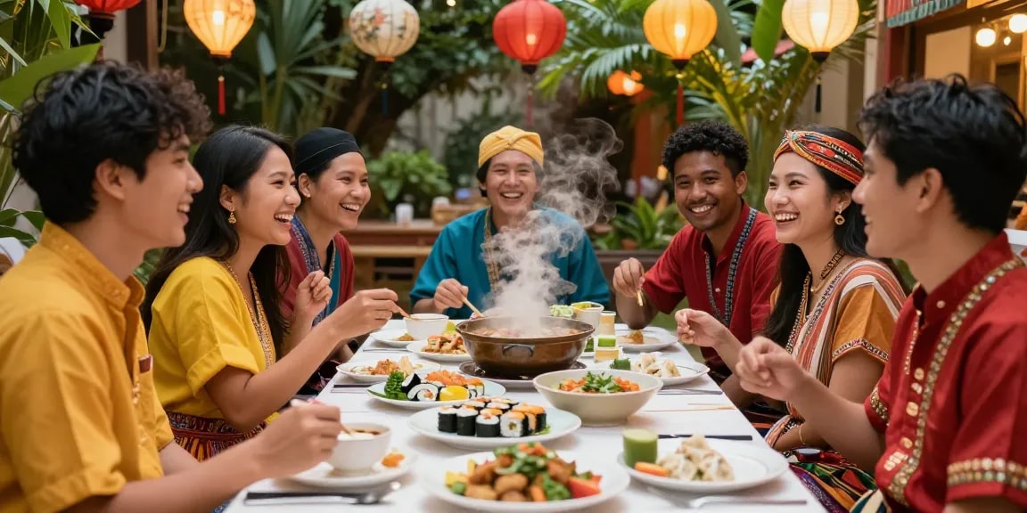 Explore cultural diversity at https://hanadultalk.com with friends enjoying Asian cuisine at a vibrant festival.