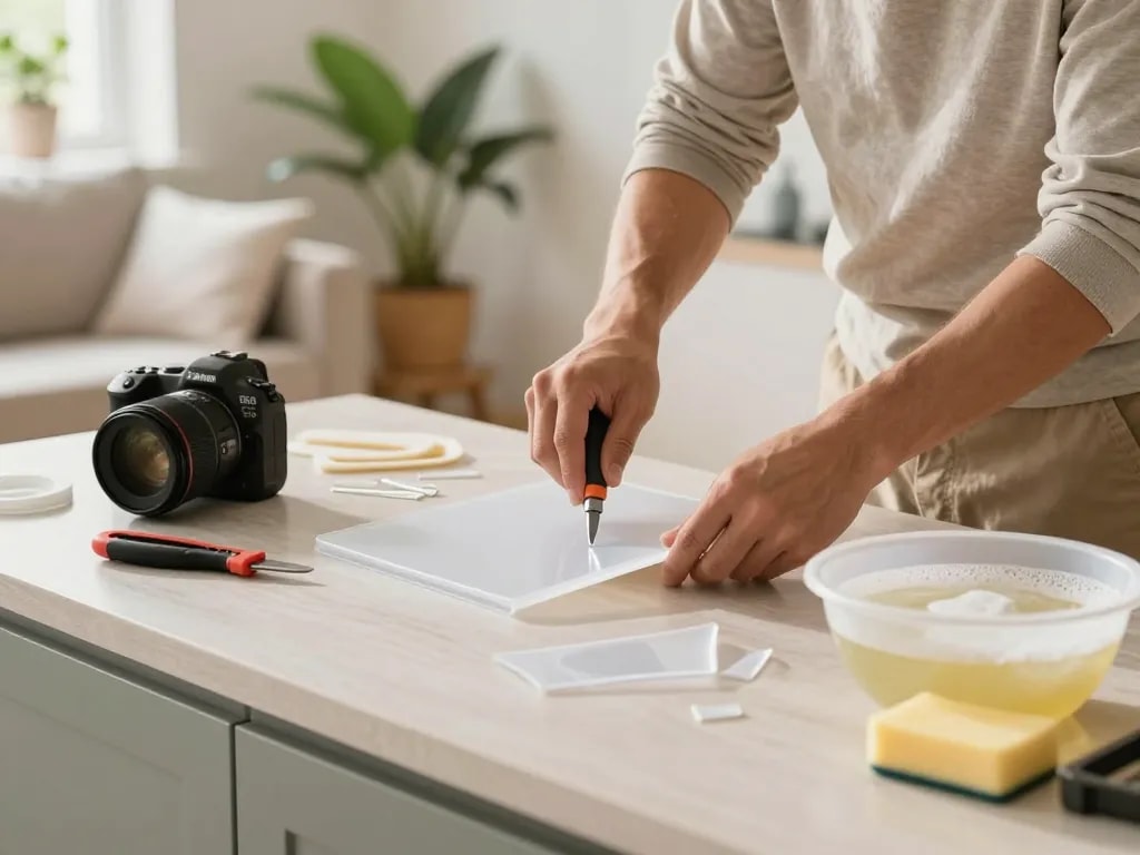 Removing plastic pieces at home with cách gỡ miếng ép plastic tại nhà techniques, showcasing DIY tools and a bright living space.