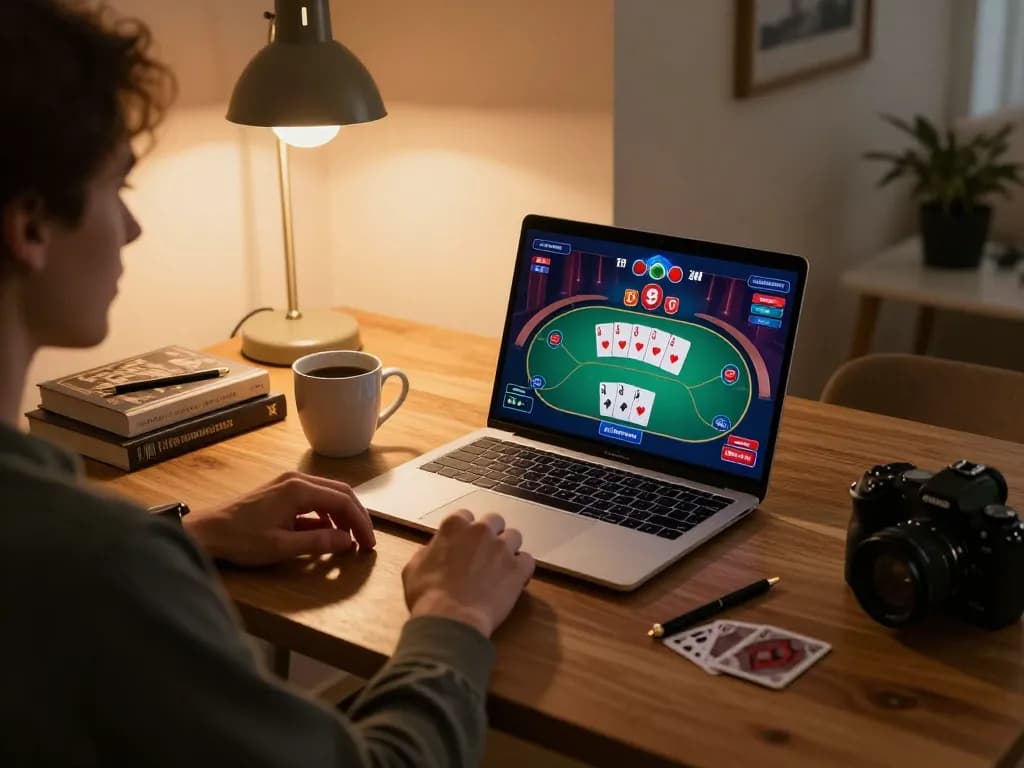 Engaging in a poker game on fabet platform with laptop and strategy notes.