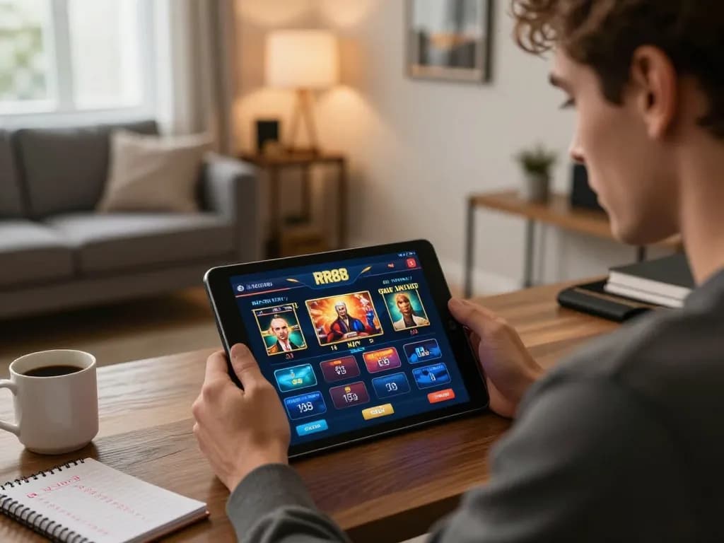 Player enjoying an online game interface on RR88 NAVY while seated in a stylish home office.