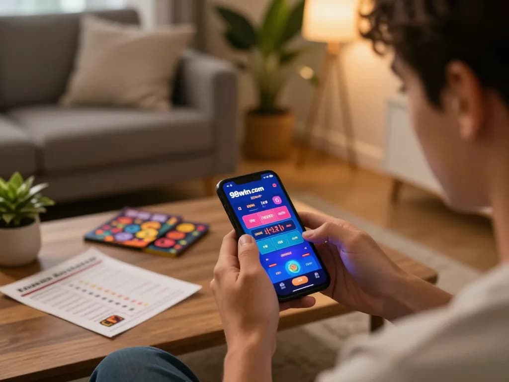 Player enjoying dynamic mobile gaming experience on 98win com app in a cozy home setting.