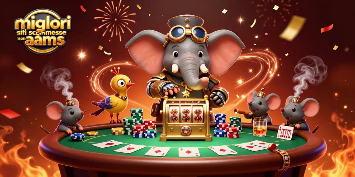 I migliori siti scommesse non AAMS mostrano un ingegnere elefante steampunk, simboli del gioco e azione dinamica.