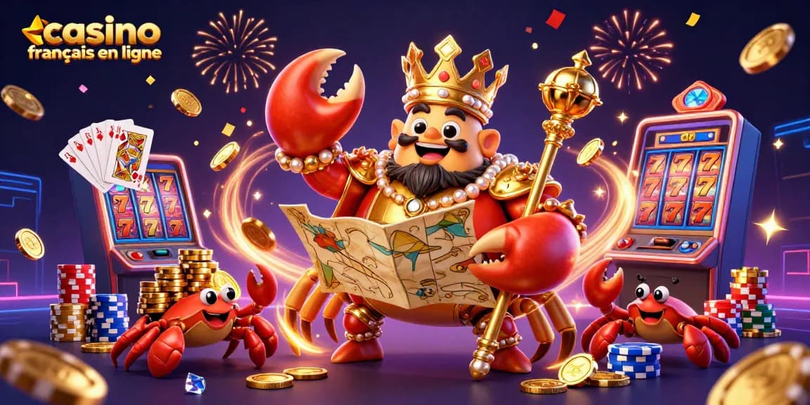 Jouez à un casino français en ligne avec un crabe doré emblématique, des pièces et des jeux animés.
