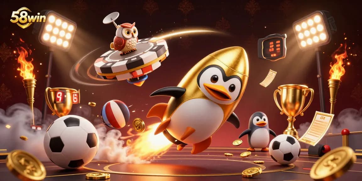 Experience thrilling gameplay with 58win, where a golden penguin and sports elements collide in an exciting casino setting.
