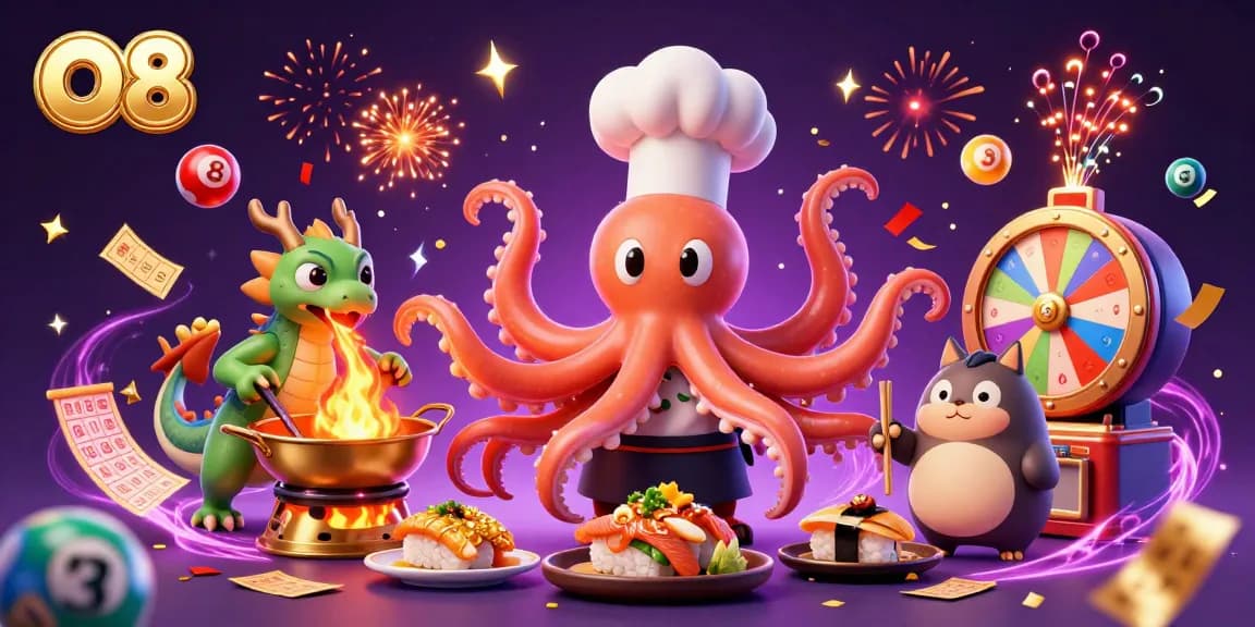 O8 engages players with vibrant, magical casino scenes showcasing an octopus chef and gaming elements.