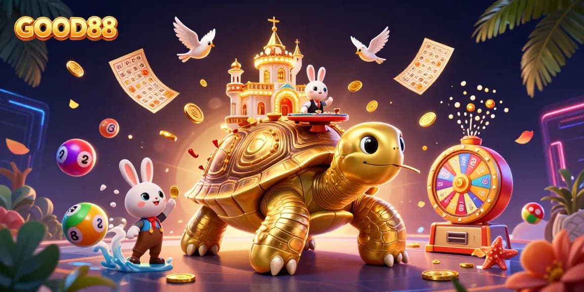 Experience exciting games at GOOD88 with a vibrant 3D illustration showing captivating casino elements.