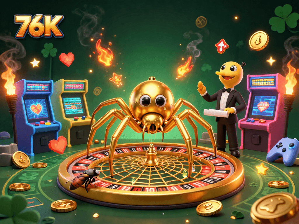 Aposte com estilo no 76K, uma aranha dourada tece uma teia de roleta vibrante.