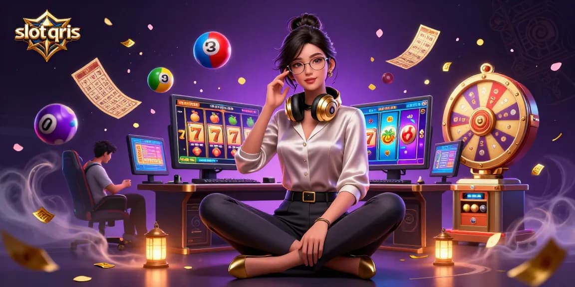 Experience the thrill of slot qris games with a professional gamer efficiently managing her high-tech setup, dynamic casino elements.