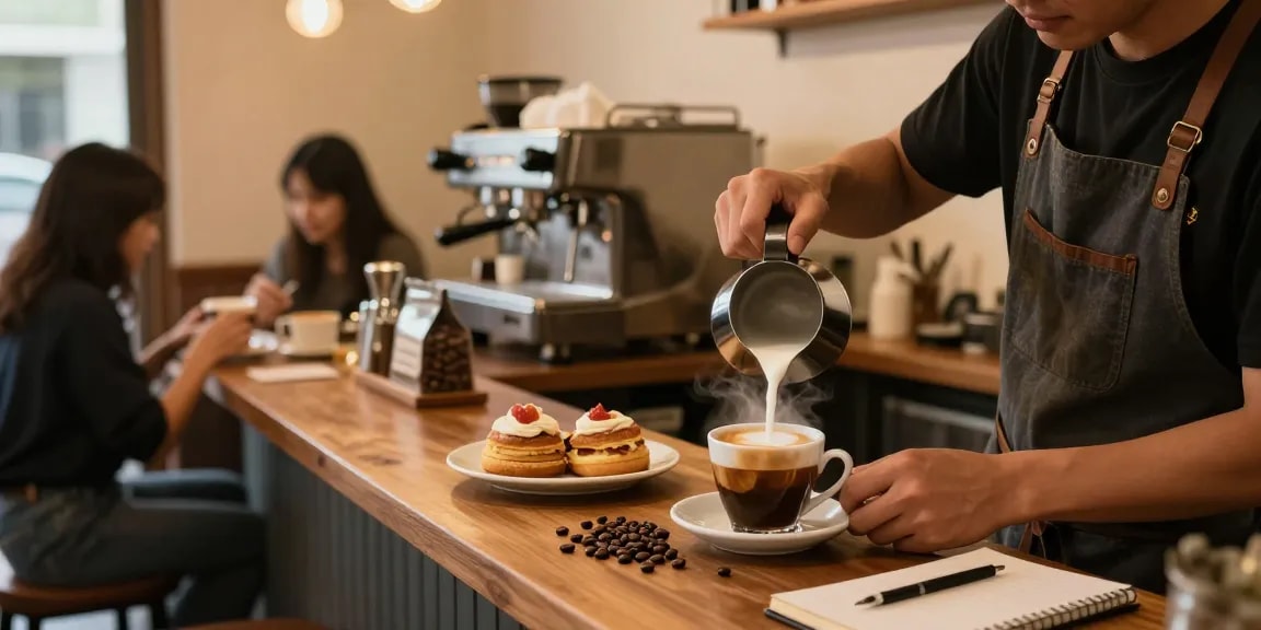 Barista pouring rich white coffee in a cozy coffee shop setting.
