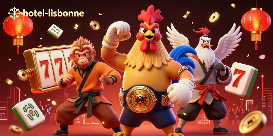 Enjoy thrilling slots and jackpots at hotel-lisbonne in this vibrant casino scene featuring festive characters and elements.