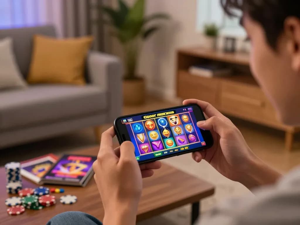Embracing the thrill of slot gacor maxwin gaming on a smartphone in a cozy environment.