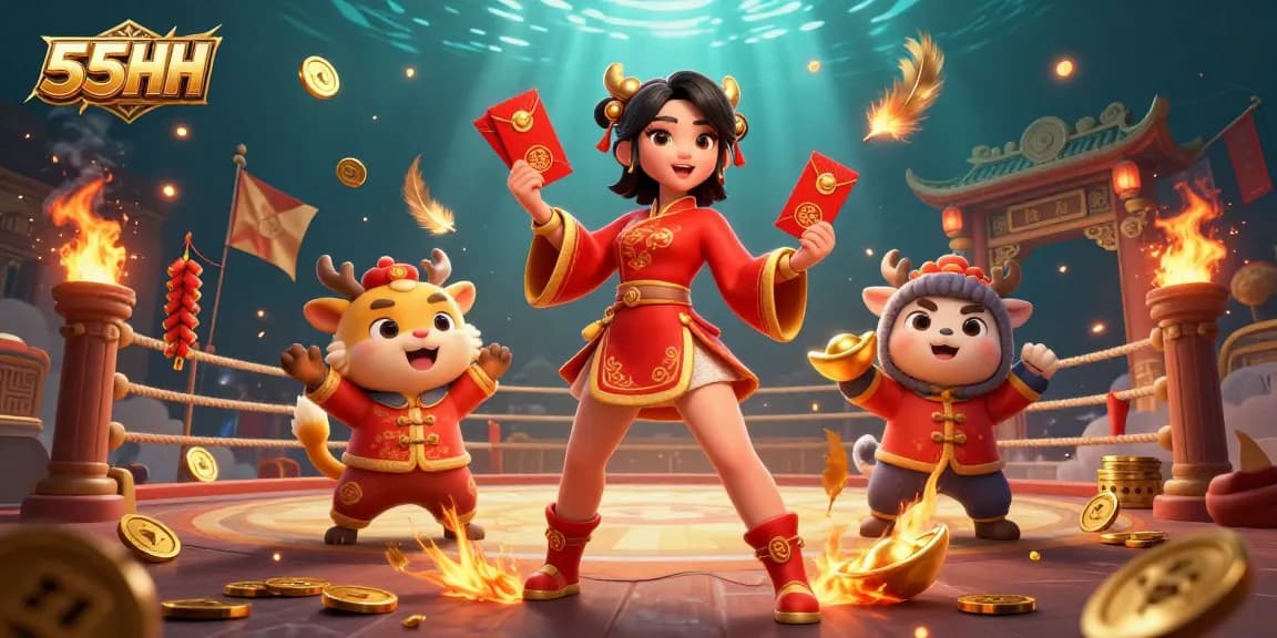 Experience the thrill of 55HH online gaming with vibrant visuals of lucky symbols and festive ambiance.