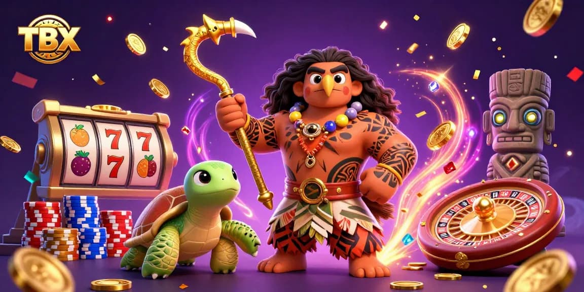 Experience TBX with a 3D collage of exciting casino elements, featuring slot reels and vibrant winnings.