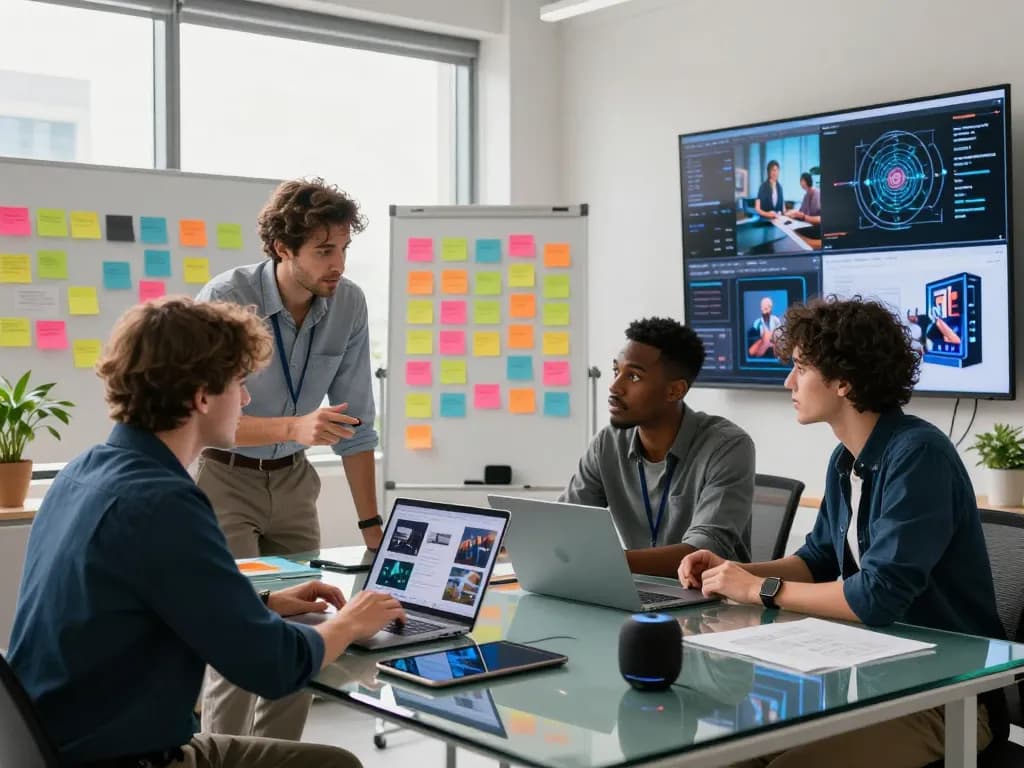 Collaborative team using image to prompt ai in a modern tech workspace.