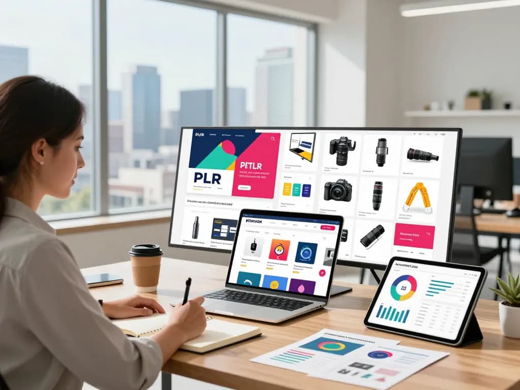 PLR Digital Products for Sale showcased in a vibrant workspace with an entrepreneur analyzing colorful marketing materials.