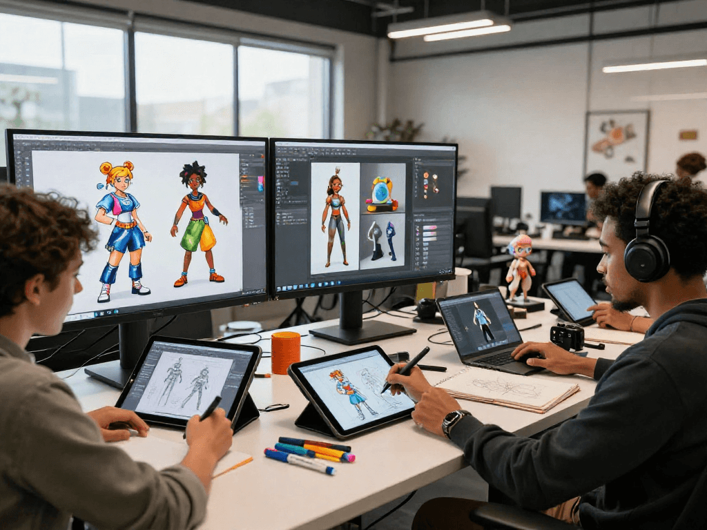 Creators designing characters in a modern studio featuring character ai nsfw elements, vibrant screens, and tablets for sketching.