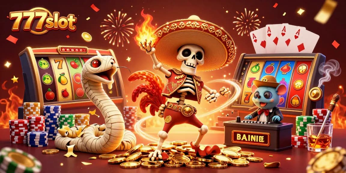 Mainkan 777slot dengan skeleton mariachi meriah di antara simbol keberuntungan dan koin emas.