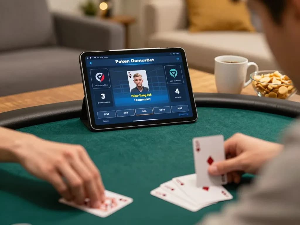 Engaging online poker moment showcasing Poker Uang Asli Dominobet gameplay on tablet in a cozy setting.