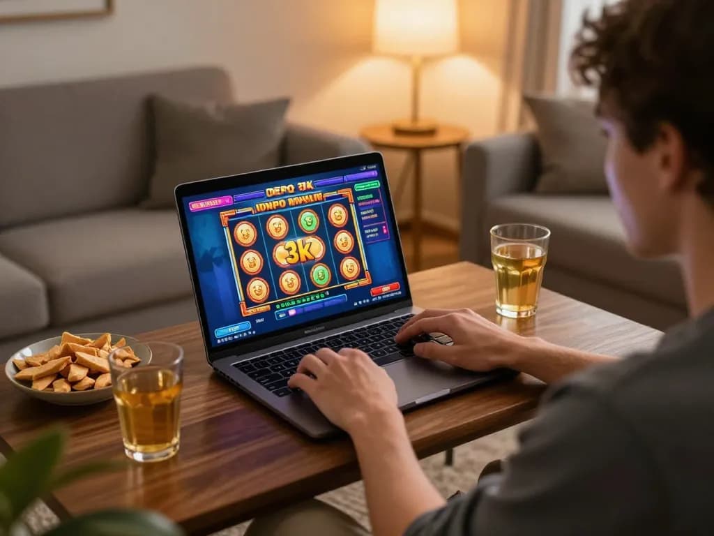 Engaging home scene with slot depo 3k game on laptop, illustrating relaxed online gaming experience.