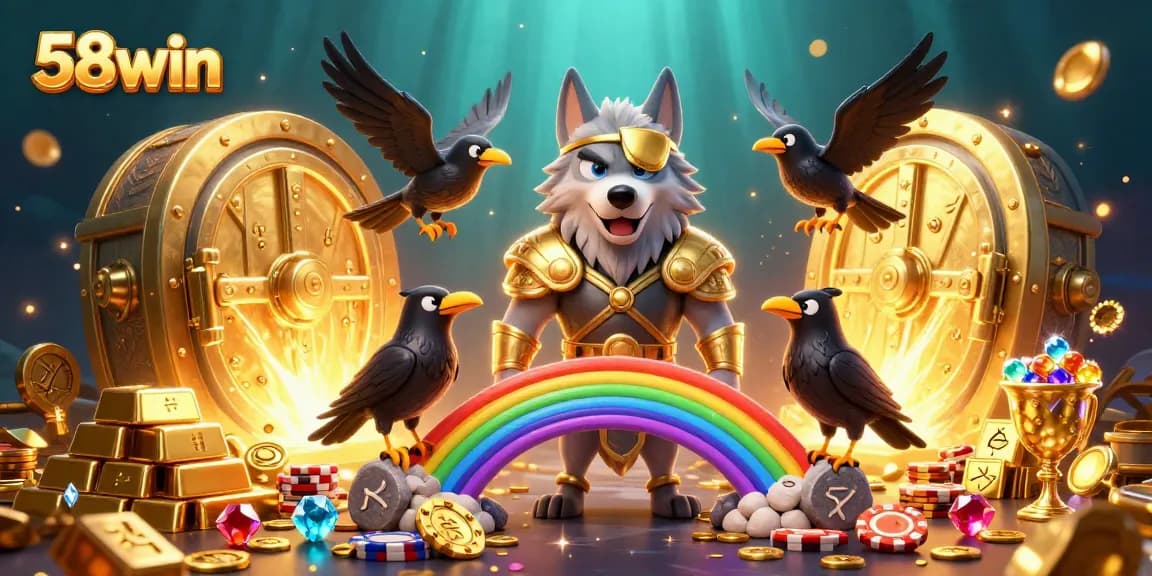 Experience vibrant 58win casino excitement with Odin and ravens surrounded by treasures and slots