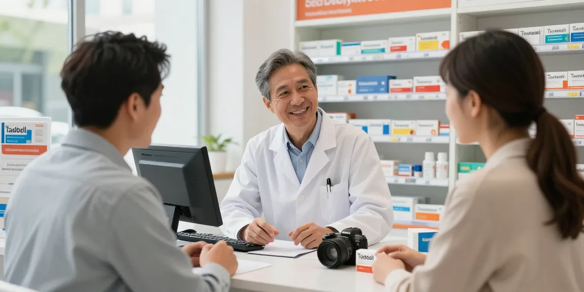 Tadalafil and potency medication consultation in a bright pharmacy setting.
