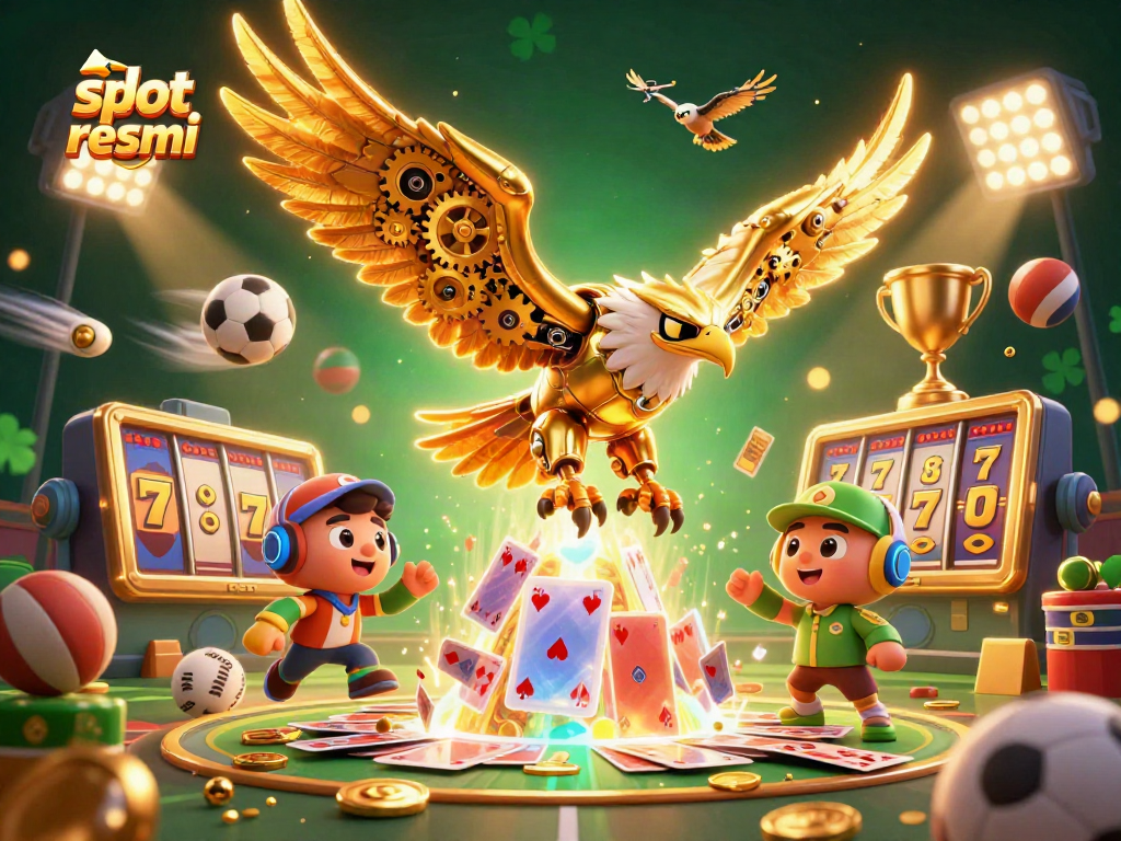 Explore slot resmi strategies with dynamic sports elements and a golden eagle in an engaging casino scene.