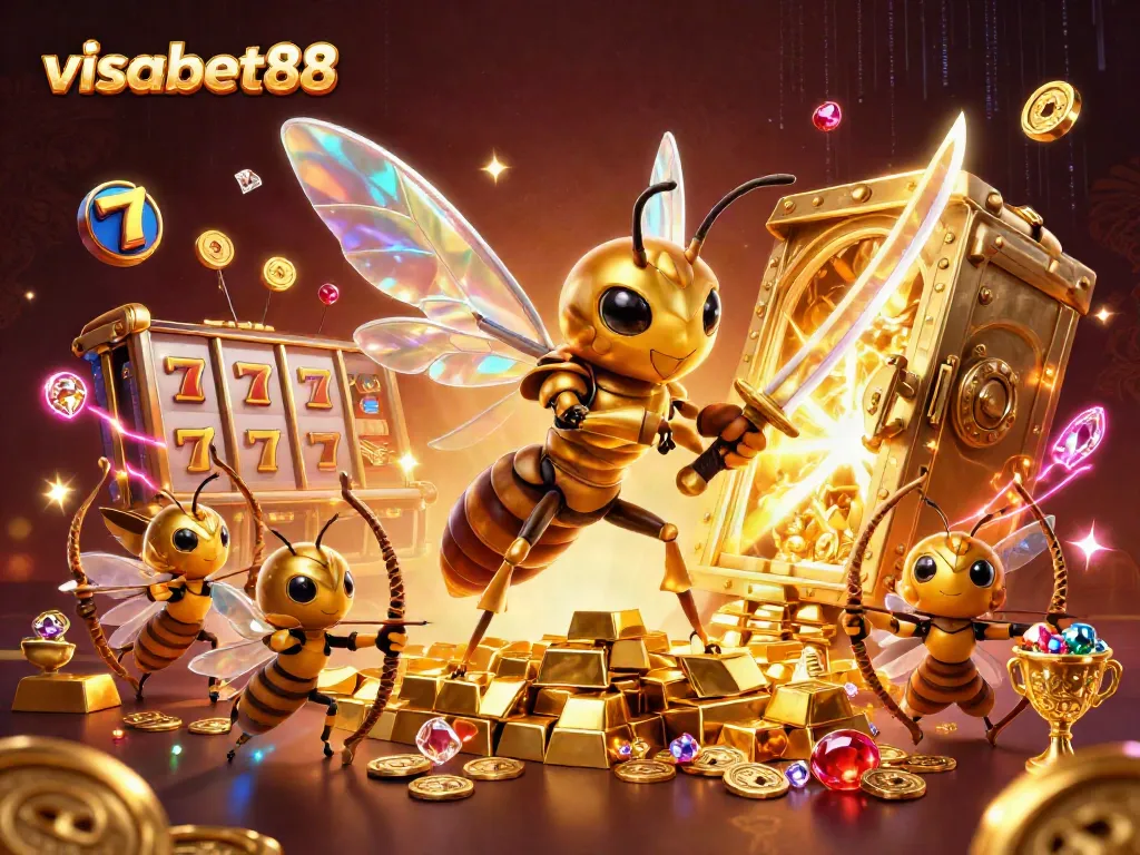 Experience thrilling gameplay with visabet88, where a golden hornet samurai battles for jackpot wins in a dazzling casino.