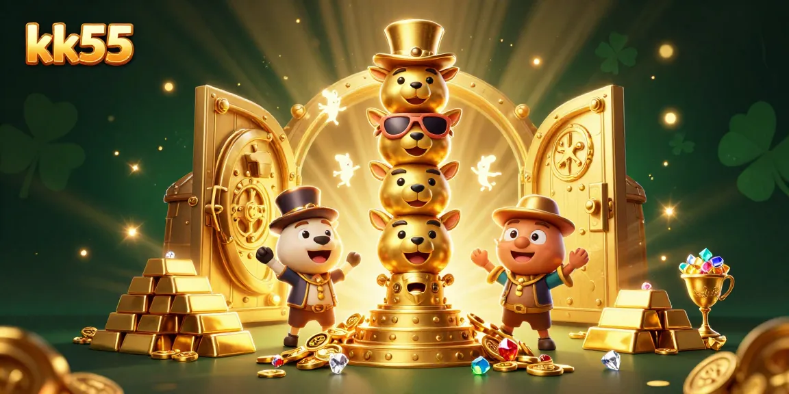 Engage with kk55's thrilling casino allure, featuring a vibrant 3D totem and treasure vault scene.