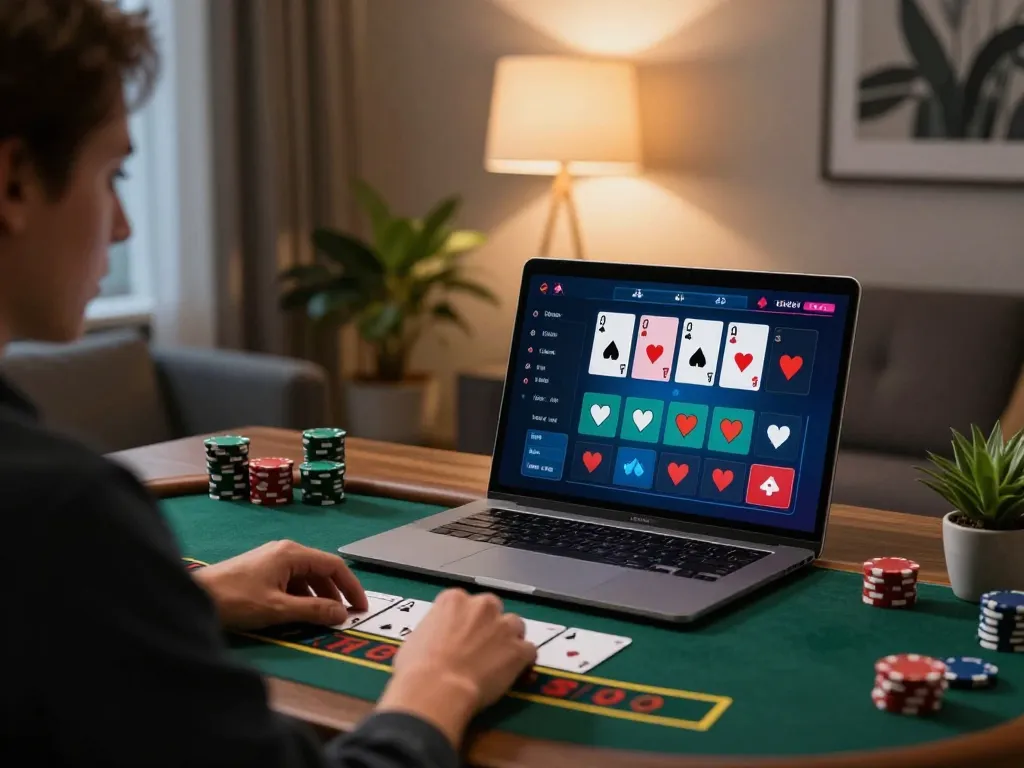 Engaging in da88 online blackjack strategy at a stylish home setup with a focused atmosphere