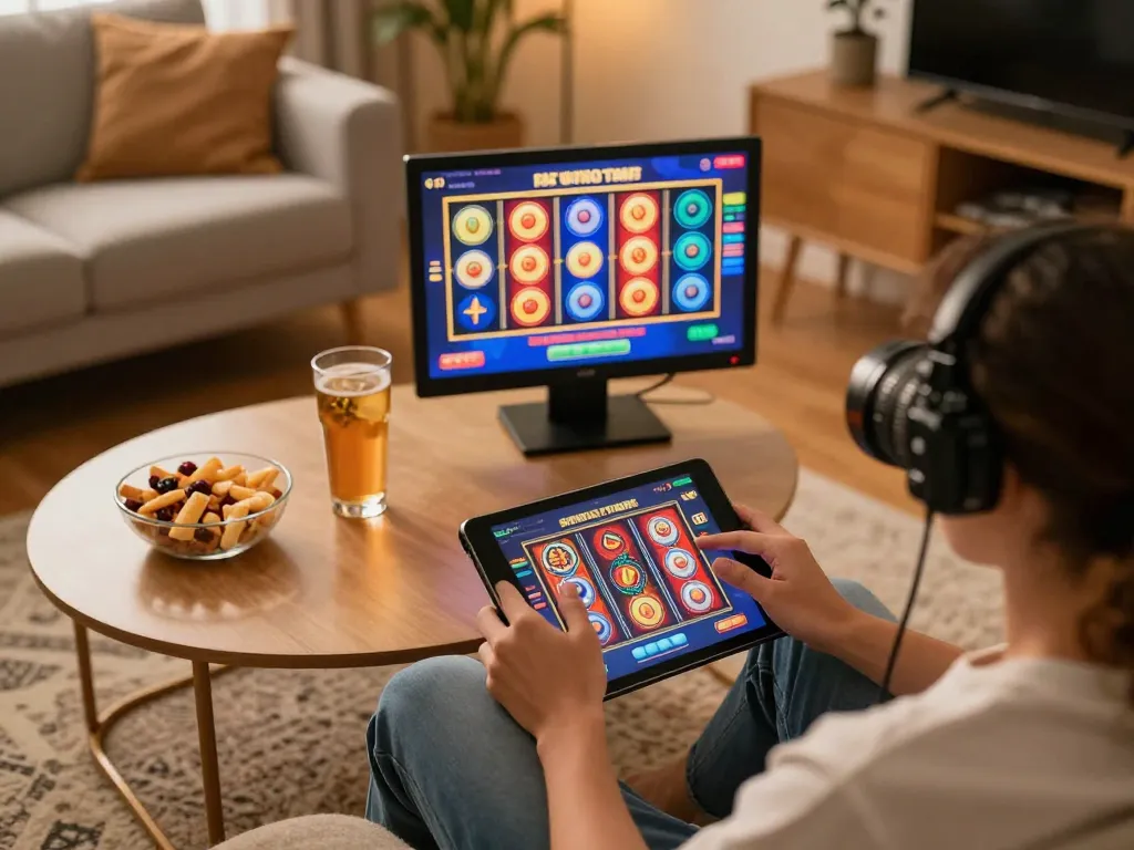Engaged player enjoying Go99 online slots on tablet in cozy home atmosphere.